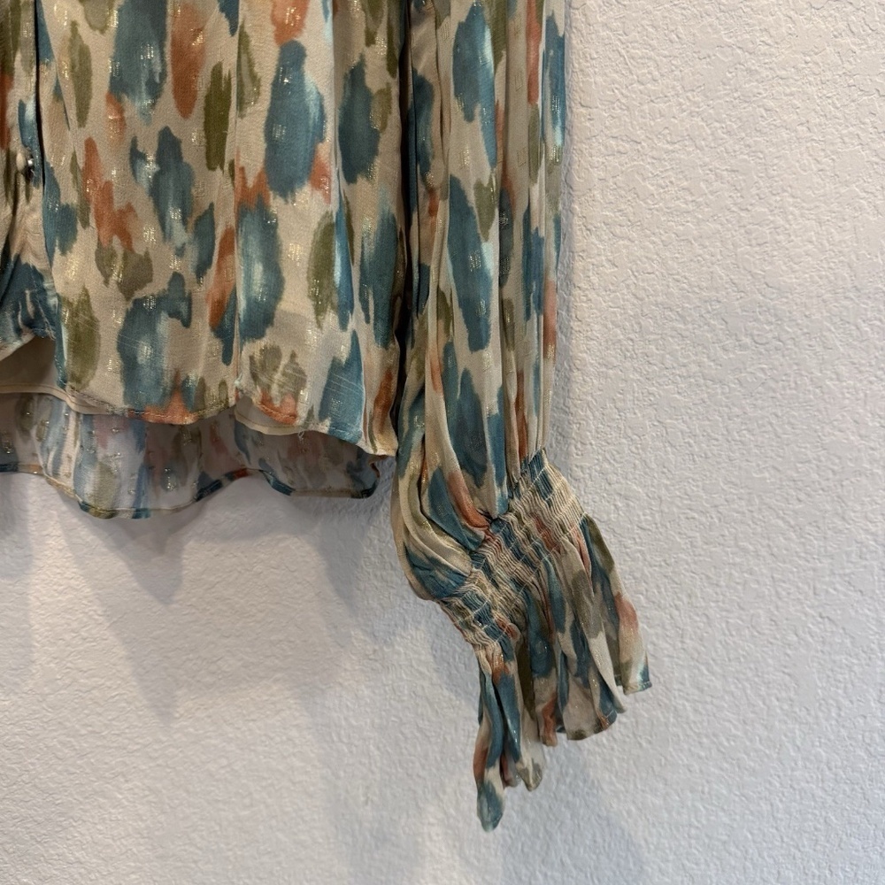 Ramy Brook Taryn Abstract Print Metallic Dot Blouse Size Medium - Picture 3 of 11